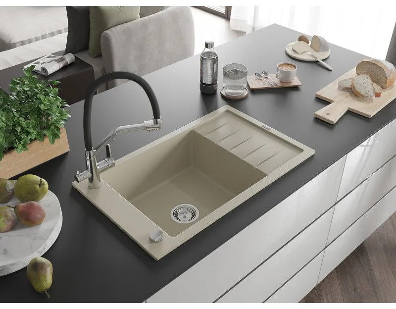 Mexen Elias, 1-komorový granitový drez 795x480x200 mm a drezová batéria Duo, béžová, 6511-69-671701-07