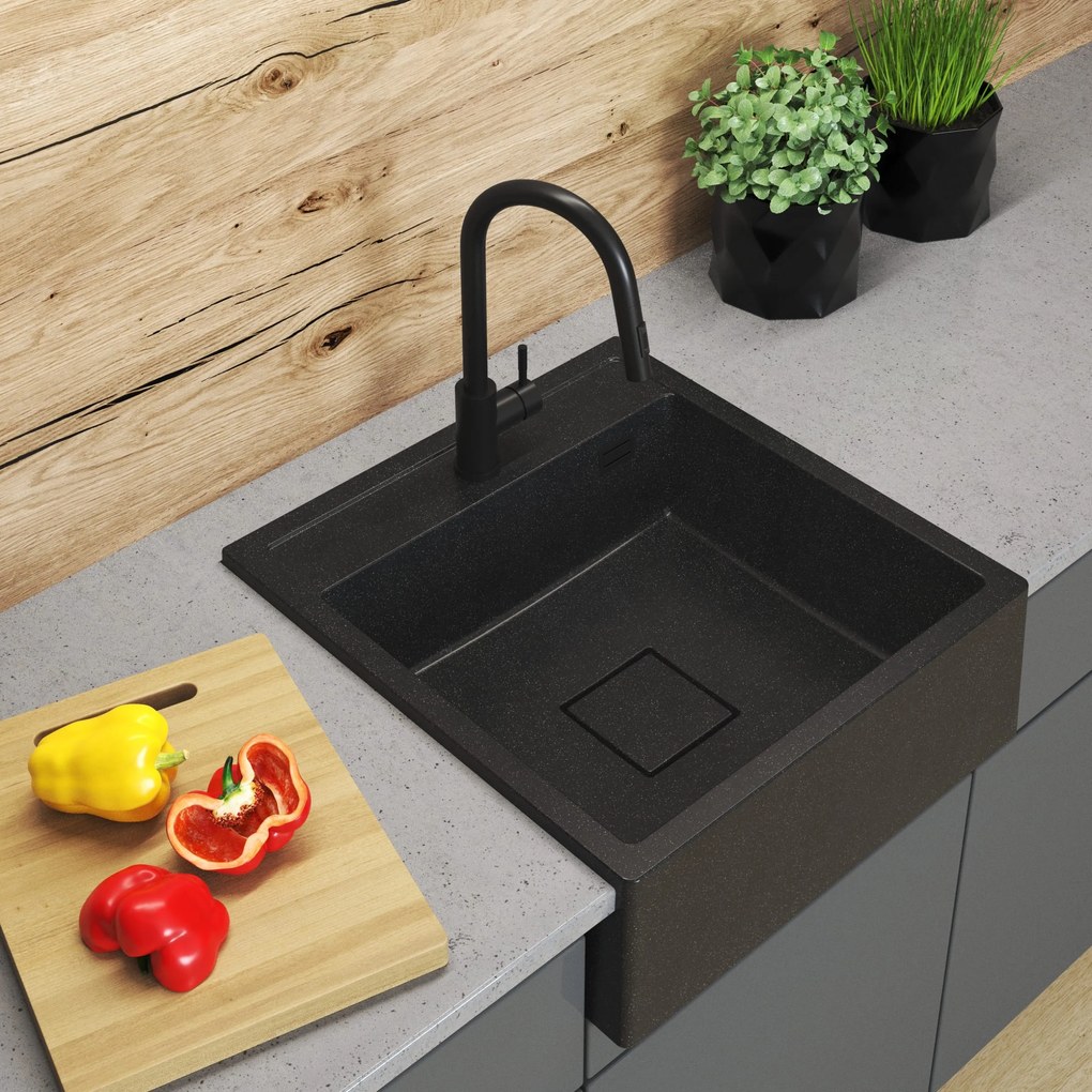 Gamma Farmerski, 1-komorový granitový drez 600x630x210 mm, čierna škvrnitá, GMA-ZLE000209
