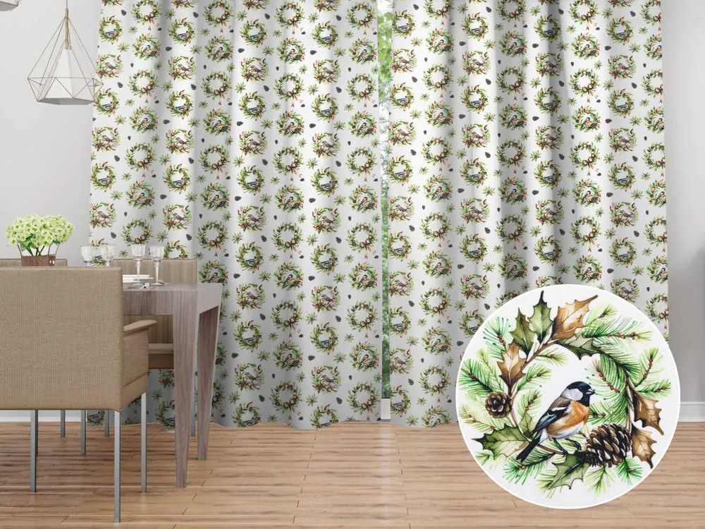 Biante Dekoračný záves TF-103 Vianočné vence s vtáčikmi na bielom 140x230 cm
