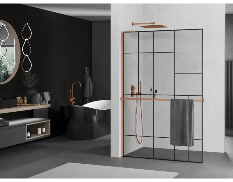 Mexen Kioto+ L, sprchová zástena Walk-In s poličkou a vešiakom 80 x 200 cm, 8mm číre sklo čierny vzor, ružové zlato profil, 800-080-123-60-78