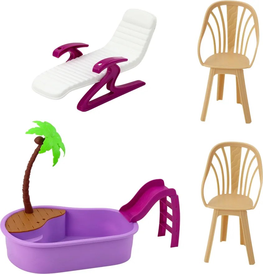 LEAN Toys Bábika Anlily na pláži – bazén, palma, stojan na nápoje a doplnky