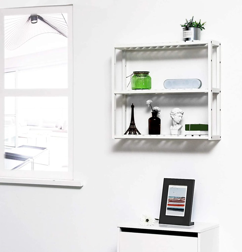 Bambusový 3-úrovňový regál, výškovo nastaviteľný, biela farba