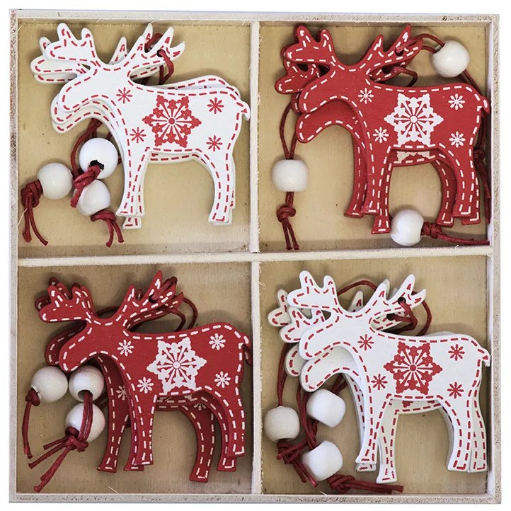 DECOLED Drevený sob, 5x6 cm, červený a biely, 12 ks/balenie.