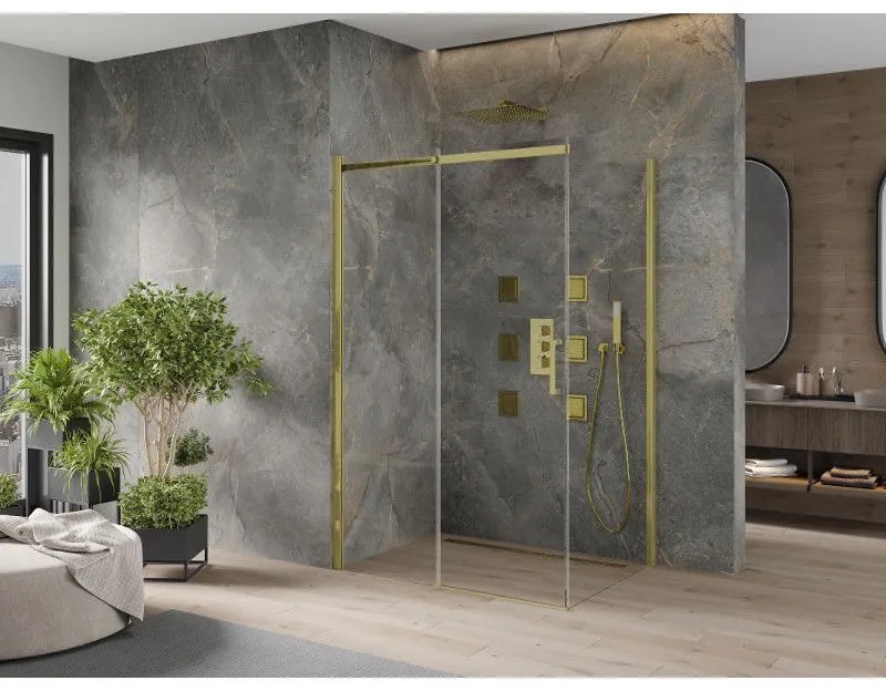 Mexen Omega, sprchovací kút s posuvnými dverami 110 (dvere) x 70 (stena) cm, 8mm sklo, zlatý profil-číre sklo, 825-110-070-50-00