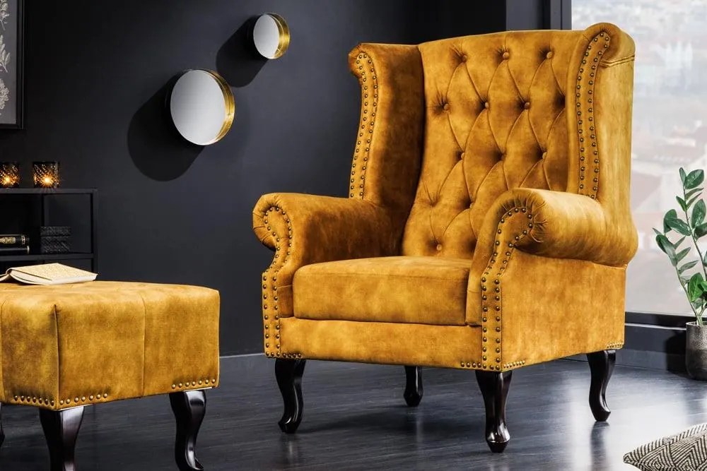 Invicta Interior - Kreslo CHESTERFIELD 85cm, horčicovo žlté, zamat