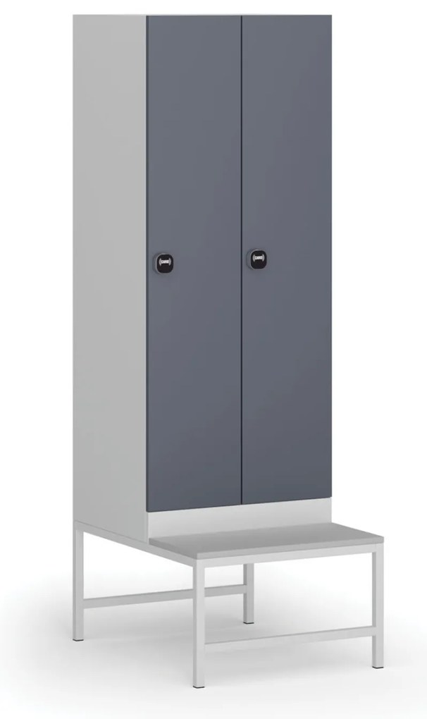 Šatníková skrinka s lavičkou, 2 oddiely, 1875 x 600 x 500/800 mm, demont, zámok s čítačkou RFID kariet, tmavosivé dvere