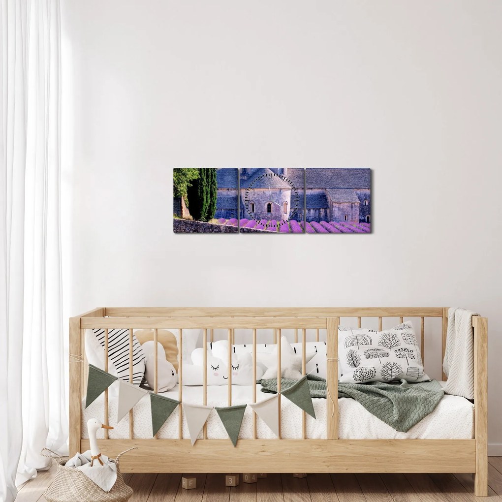 Obraz - Levanduľové pole (s hodinami) (90x30 cm)