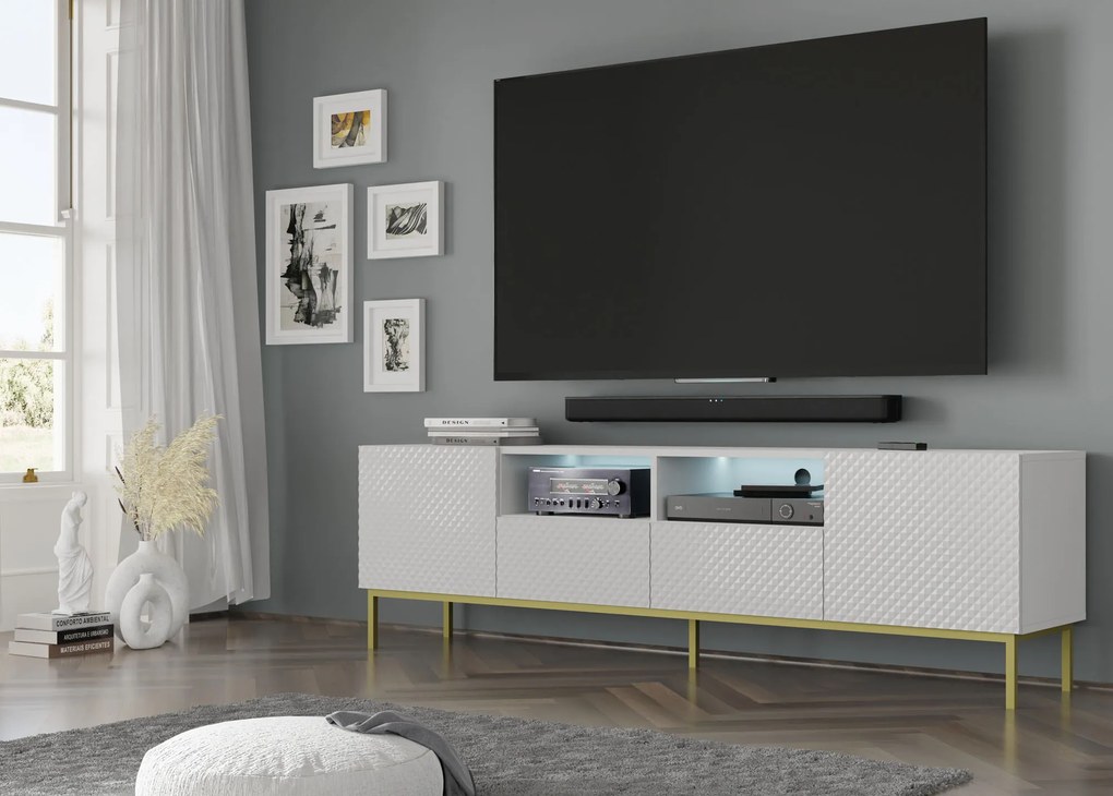 TV skrinka/stolík CCK 4D 200 Rowanna (biela lesklá + zlatá). Akcia -20%. Vlastná spoľahlivá doprava až k Vám domov. 1125062