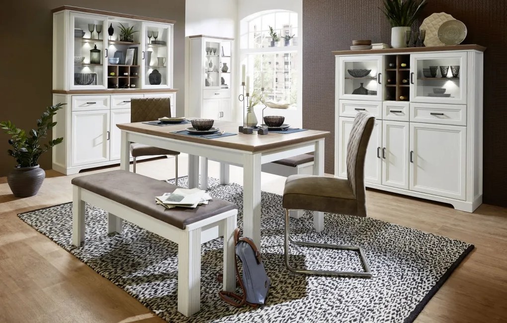 Nástavná vitrína s priehradkami Jasmin,bielená pínia/dub, s osvetlením