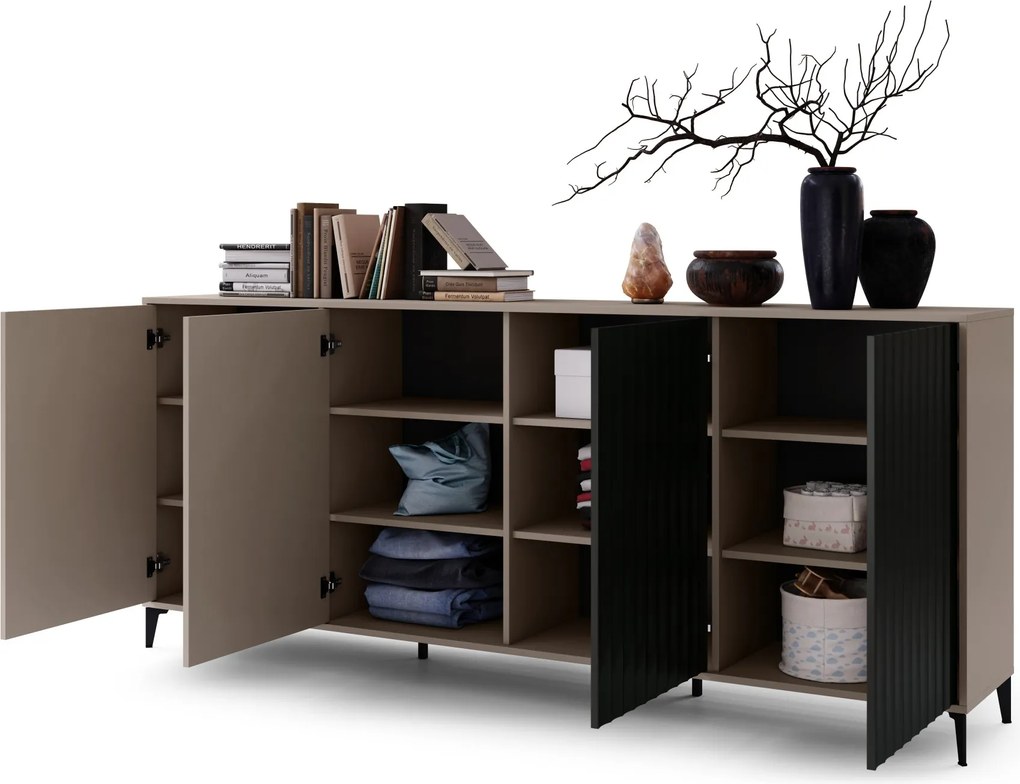 Komoda Rimini K-242 Béžová Taupe / Čierna matná - MODERNÁ SKRIŇA S DRÁŽKOVANÝMI ČELAMI
