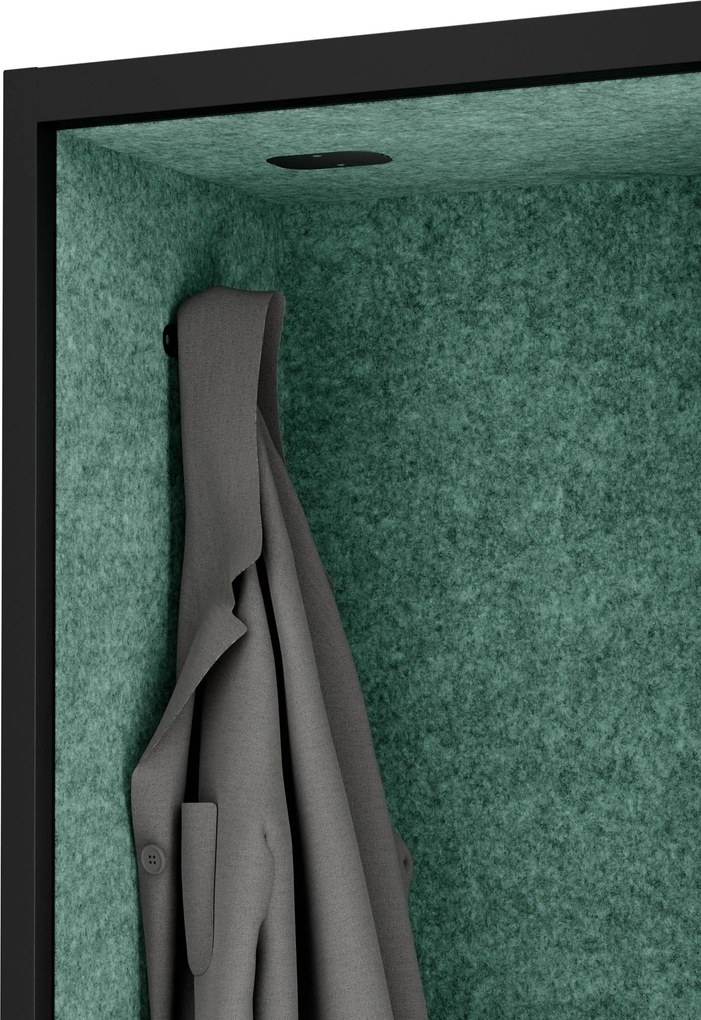 Kancelárska akustická kabína so sedadlom a portom USB-C, telo v čierny farbe / sedadlo v zelenej farbe, 600 mm: SALLY MentalBox