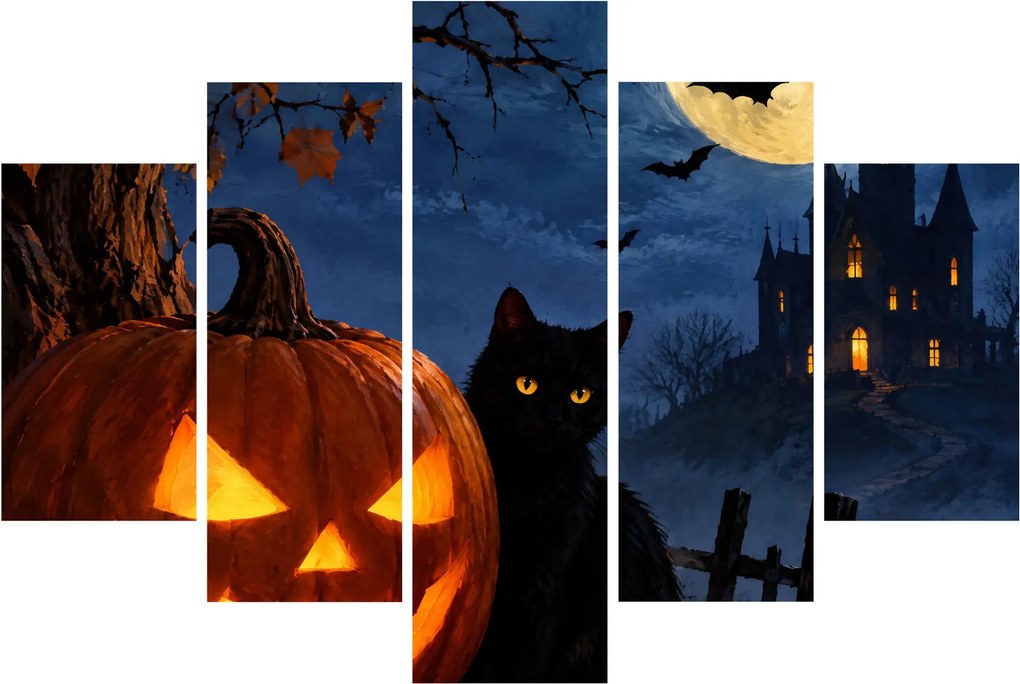 XXL Obraz - Čierna mačka pri svietiacej tekvici na Halloween (150x105 cm)