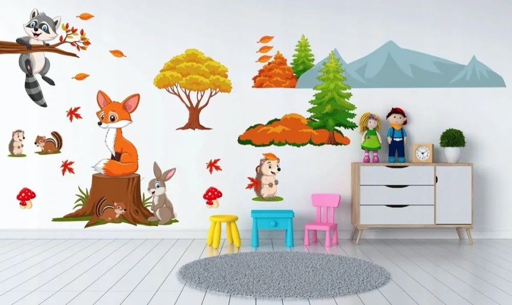 Farebná detská nálepka na stenu šťastné lesné zvieratká 60 x 120 cm