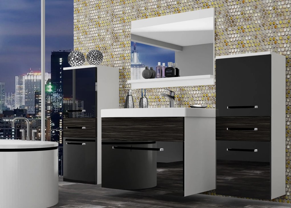 Kúpeľňový nábytok Belini čierny lesk / eben kráľovský + umývadlo + zrkadlo ROD PM 4/0/W/BHK/0/ZW