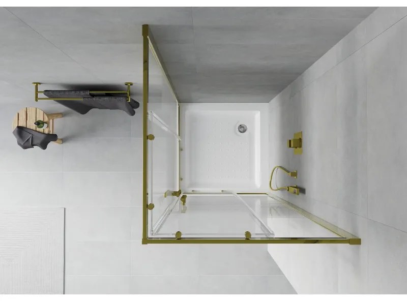 Mexen Rio, štvorcový sprchovací kút s posuvnými dverami 70(dvere) x 70(dvere) x 190 cm, 6mm číre sklo s pásikmi, zlatý profil + biela sprchová vanička RIO, 860-070-070-50-20-4510