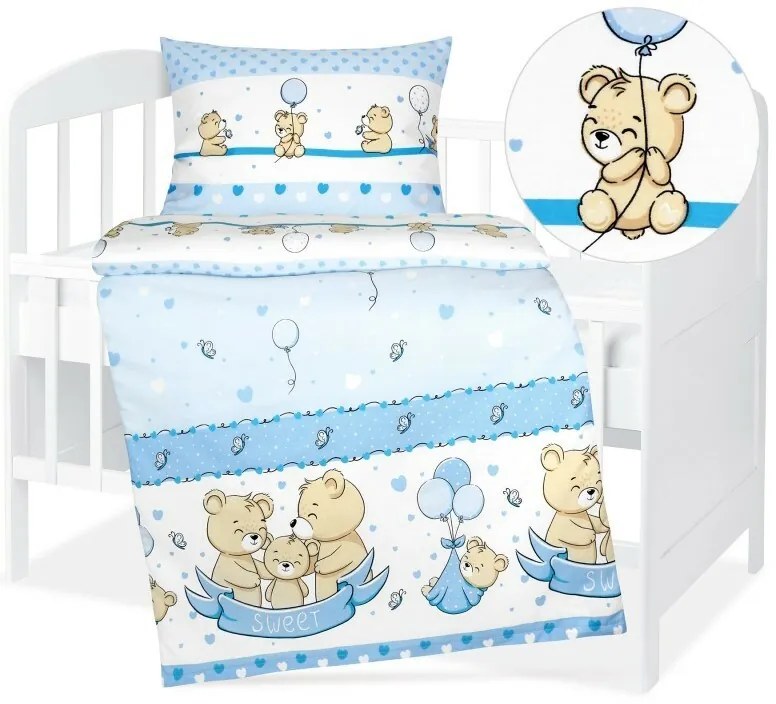Bellatex Bavlnené obliečky do postieľky Agata Bearmodré, 90 x 135 cm, 45 x 60 cm