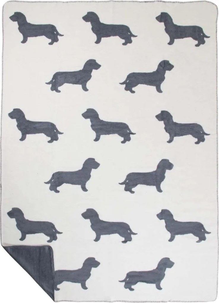 Bielo-sivý obojstranný pléd s jazvečíkmi Dachshund XL – 150*200*3 cm