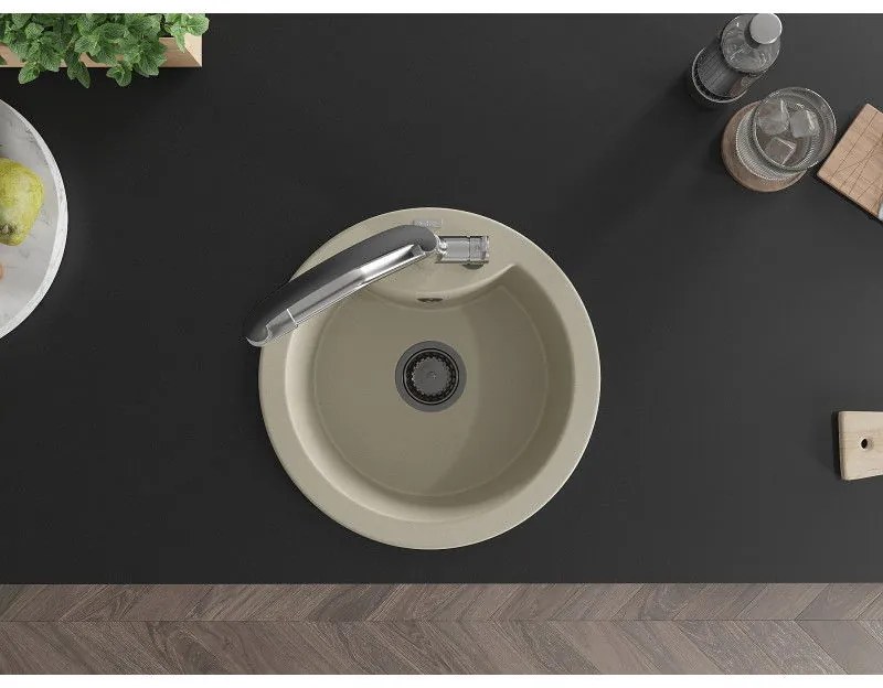 Mexen Diego, 1-komorový granitový drez 488x488x167 mm a drezová batéria Duo, béžová, 6512-69-671701-07-B