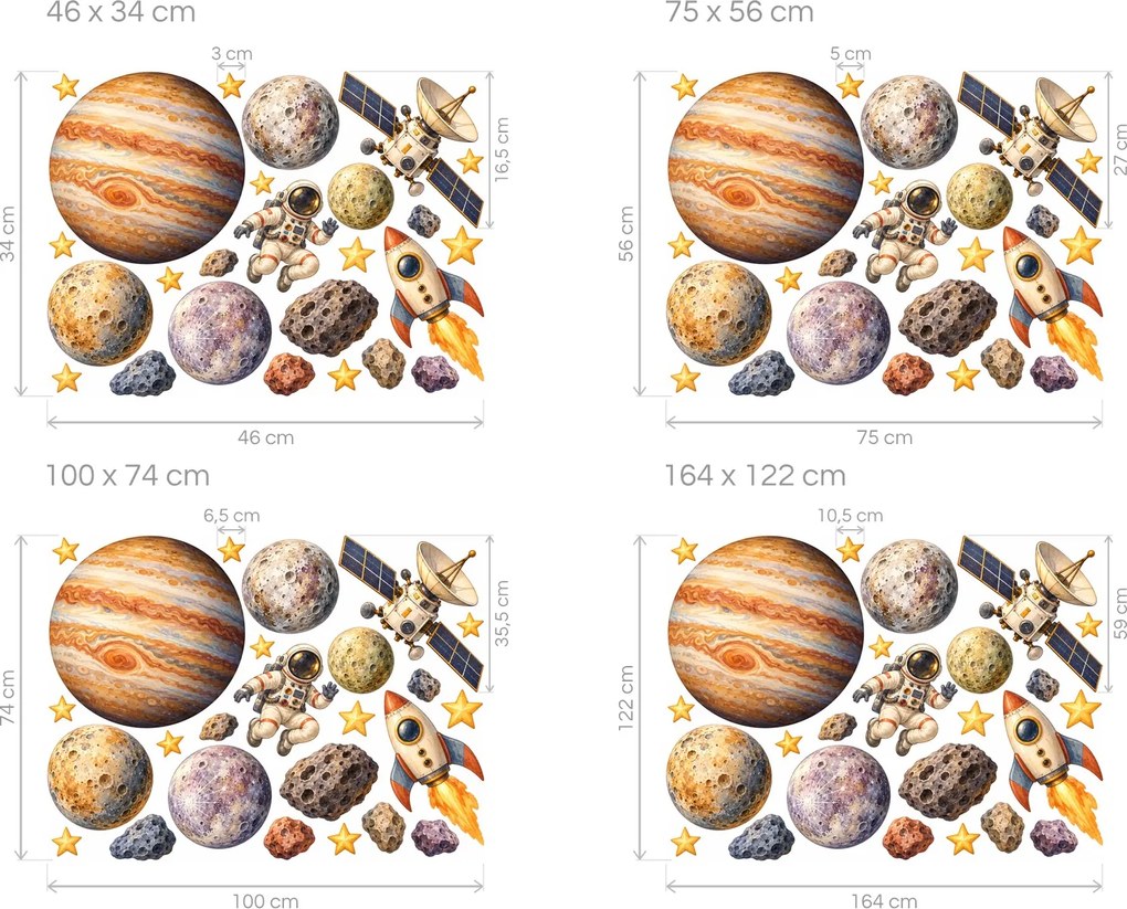 Kozmonaut pri Jupiteri akvarelové vesmírne nálepky na stenu do izby pre malých objaviteľov arch 46 x 34 cm