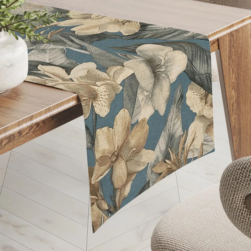 Biante Dekoračný behúň na stôl Porto PRT-005 Kvety a listy na tmavo modrom 45x140 cm