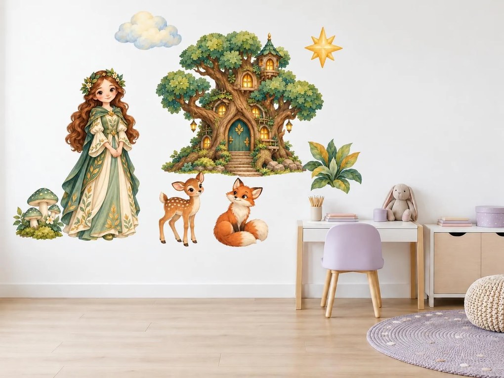 Lesná princezná a domček na strome lesné akvarelové nálepky na stenu pre malé princezné arch 46 x 34 cm