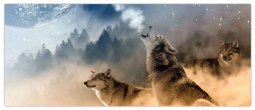Obraz - vlci vyjúci na mesiac (120x50 cm)