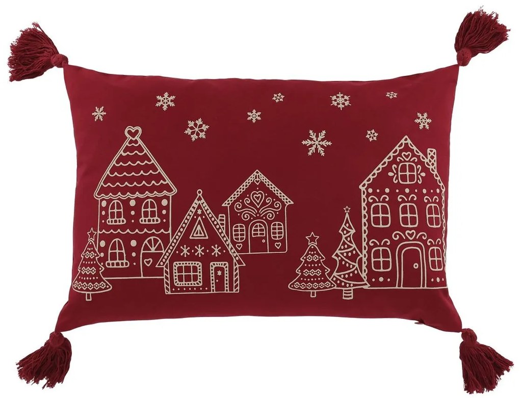 Červená bavlnená obliečka na vankúš s chalúpkami a strapcami - 50*35 cm