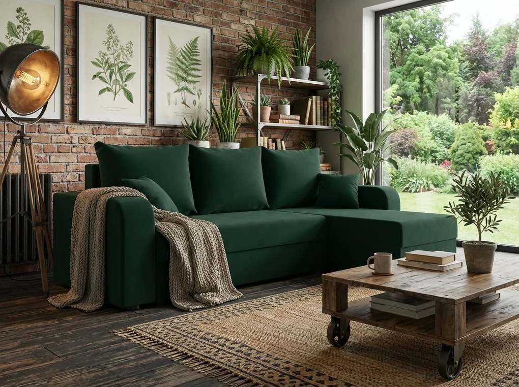 Rozkladacia obojstranná sedacia súprava do L VALERIO 238x140 cm, tmavozelená + 2 vankúšiky ZDARMA