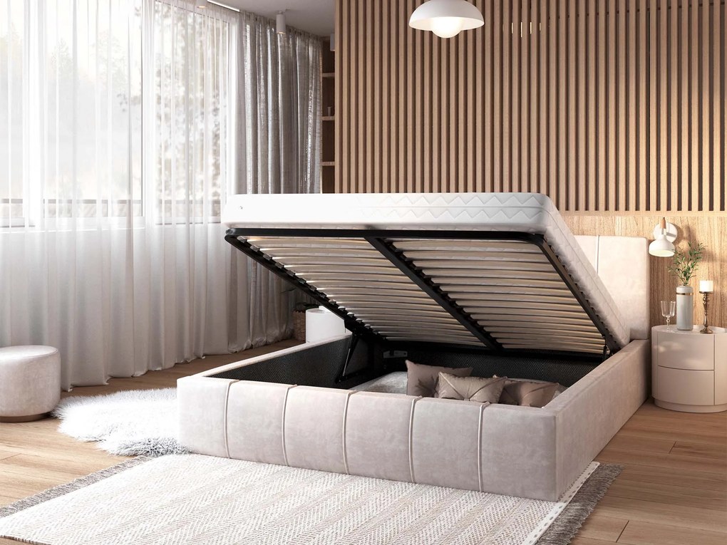 Čalúnená manželská posteľ s úložným priestorom Fiona 160x200 - krémová