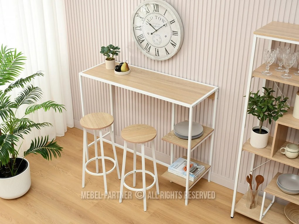 Barový set Everet (sonoma + biela) (pre 2 osoby). Akcia -22%. Vlastná spoľahlivá doprava až k Vám domov. 1111870