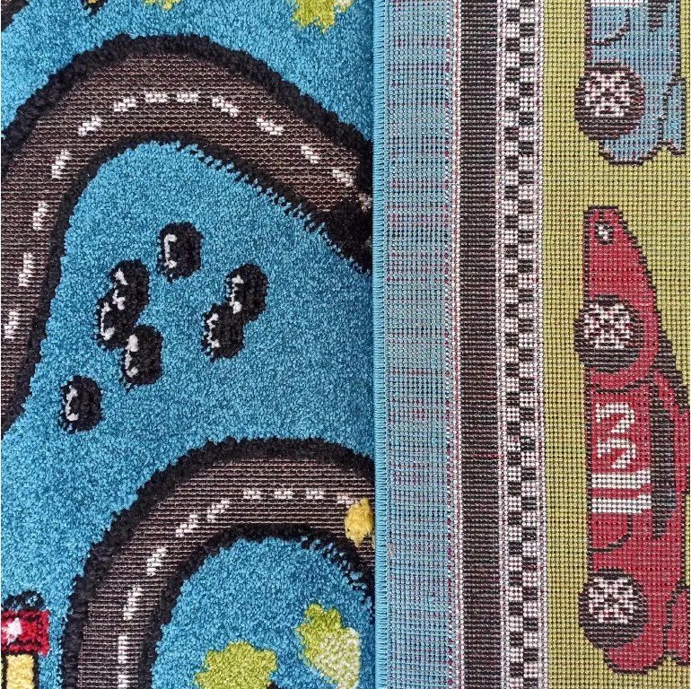 DY Detský modrý koberec s motívom autodráhy Color Kids 04 Rozmer: 200x290 cm