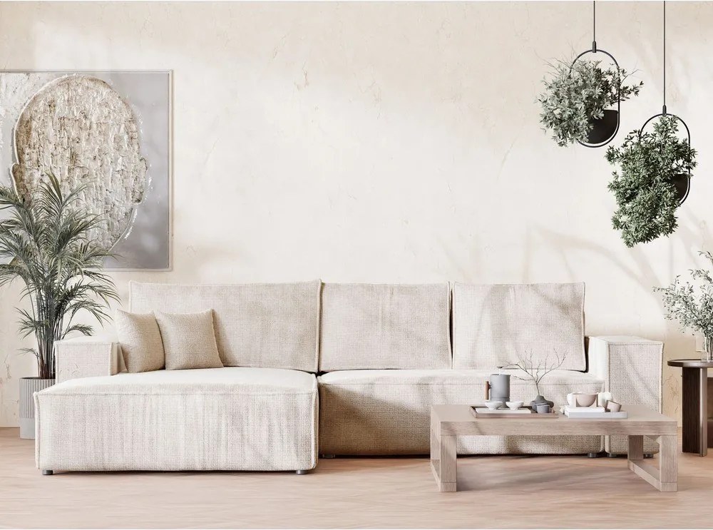 Krémovobiela ženilková rozkladacia/s úložným priestorom rohová pohovka (ľavý roh/s leňoškou) Maze – Maison de Rêve