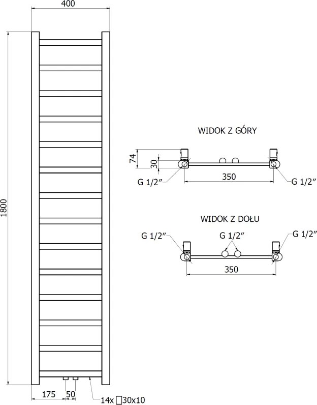 Mexen Bolt, vykurovacie teleso 1800 x 400 mm, 406 W, spodné a stredové, čierna, W126-1800-400-00-70