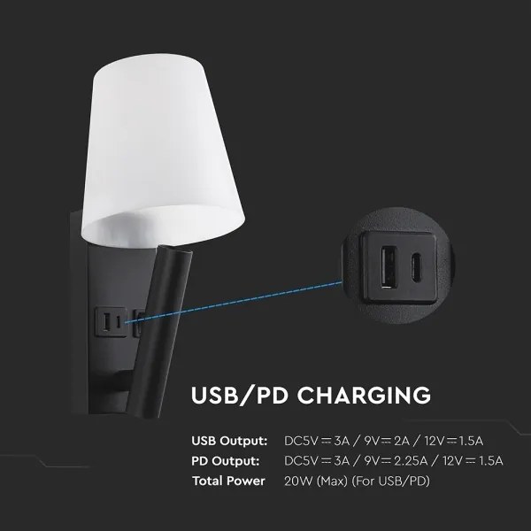 LED nástenné svietidlo s USB portom LED/2W/230V 3000K čierna/biela