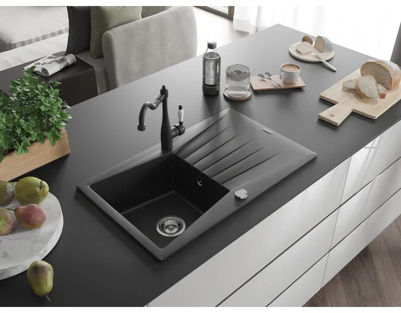 Mexen Cesar, 1-komorový granitový drez 775x470x190 mm a drezová batéria Carla, čierna-strieborná metalíza, 6514-73-670700-70