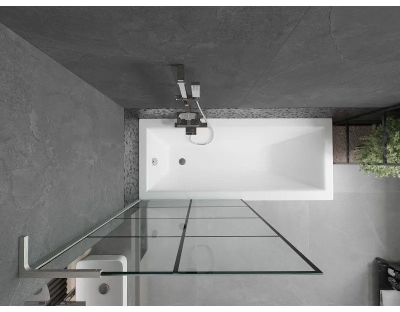 Mexen Next L, 1-krídlová vaňová zástena 90 x 150 cm, 6mm číre sklo-čierny vzor, 6mm číre sklo, profil brúsená oceľ, 895-090-000-03-77-97