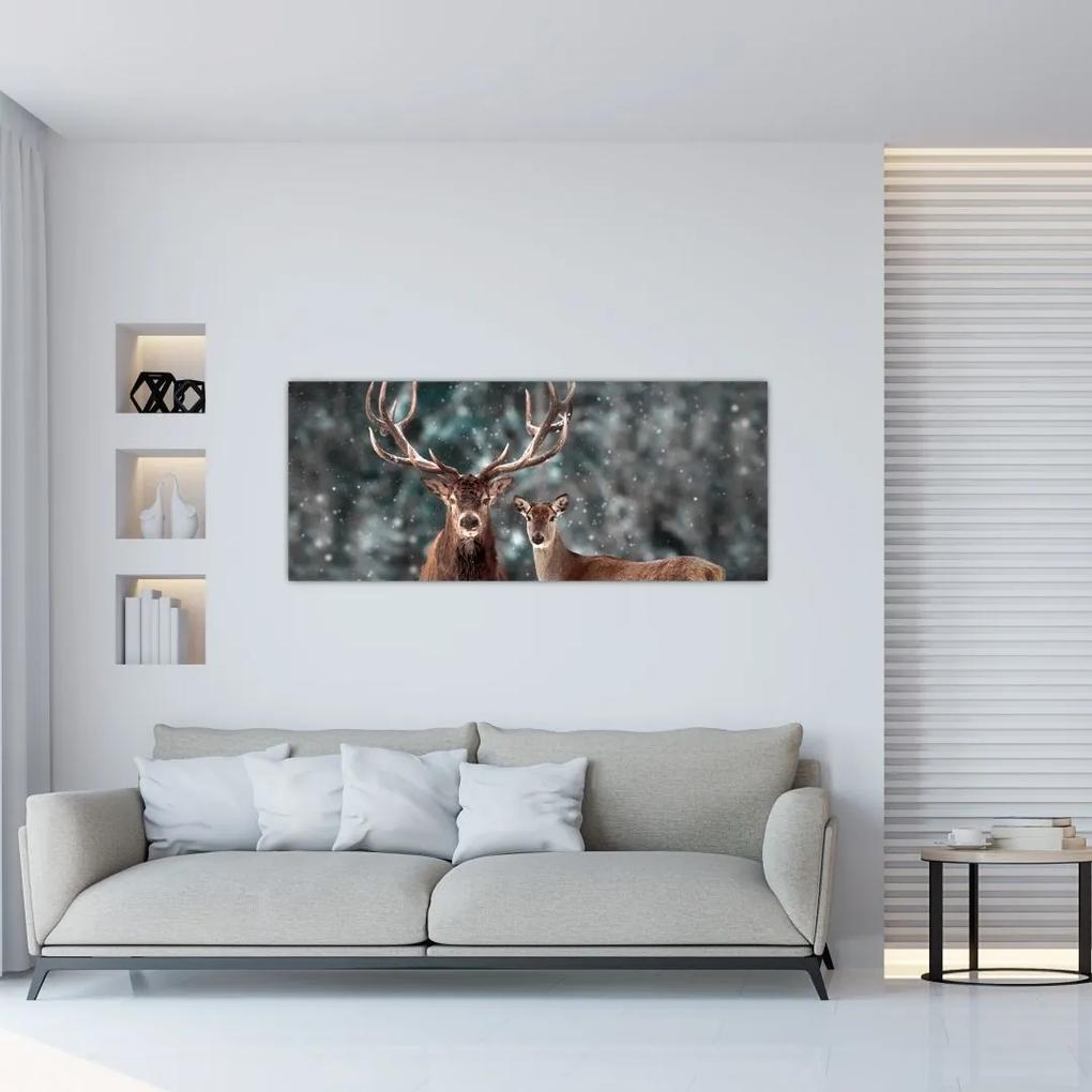 Obraz - Jeleň a laň v zasneženom lese (120x50 cm)