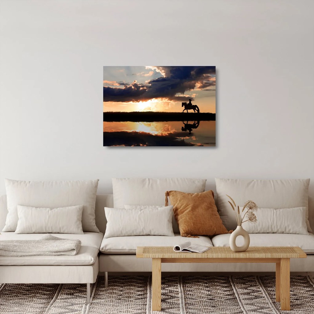 Sklenený obraz - Jazdec na koni pri západe slnka (70x50 cm)