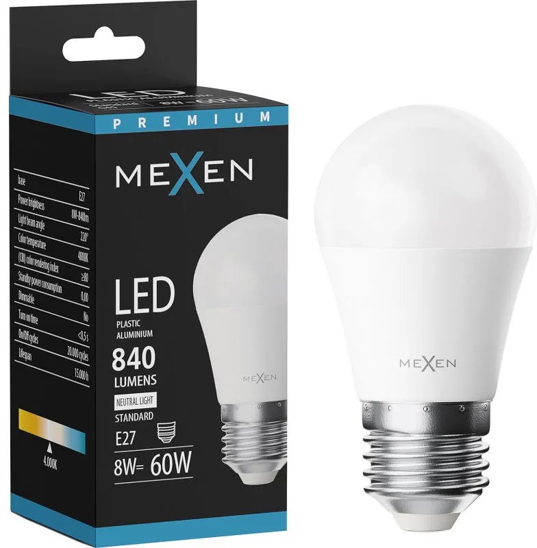 Mexen Nova, LED žiarovka E27, G45, 8W, neutrálna - 4000K, 840 lm - L101-E27-0840-01