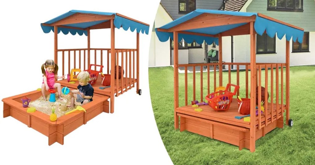 Drevený záhradný domček a pieskovisko so strechou