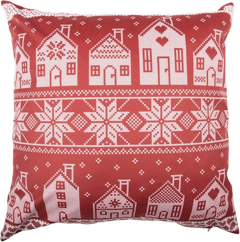 Červená obliečka na vankúš s domčekmi a vločkami - 45*45 cm