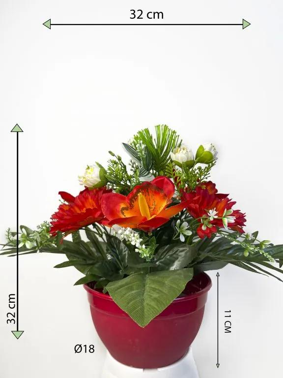 Dekorácia s umelou ružou a orchideou, oranžová, 32 cm