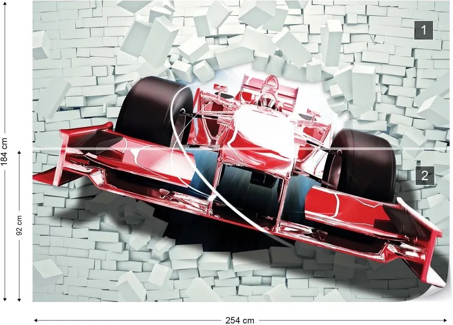 Fototapeta GLIX - Formula 1 Racing Car Bursting Through Brick Wall 3D Illusion + lepidlo ZADARMO Vliesová tapeta  - 254x184 cm