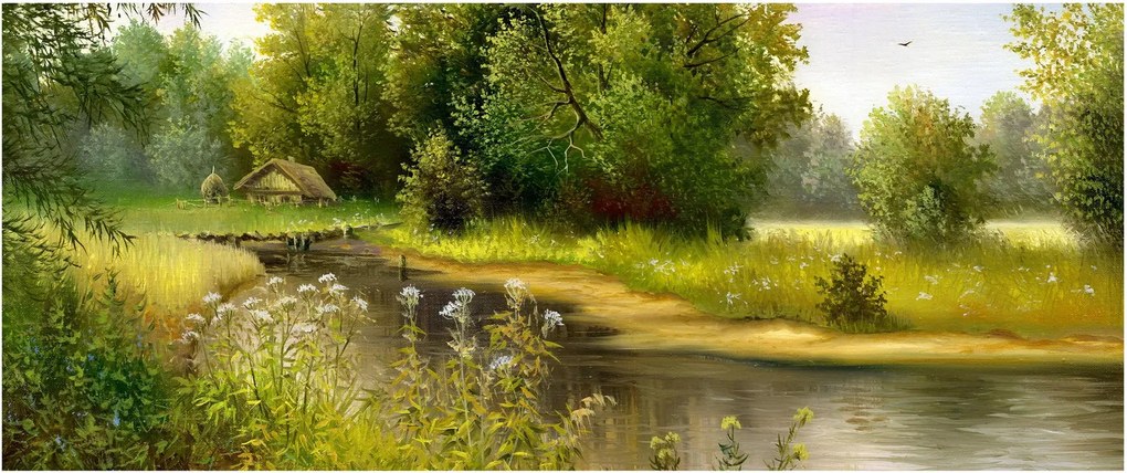 Obraz - Rieka pri lese, olejomaľba (120x50 cm)