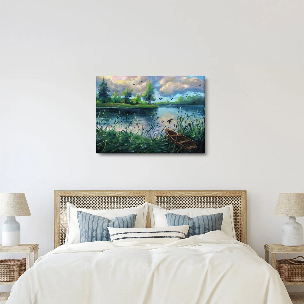 Obraz - Olejomaľba, Letný podvečer pri jazere (70x50 cm)