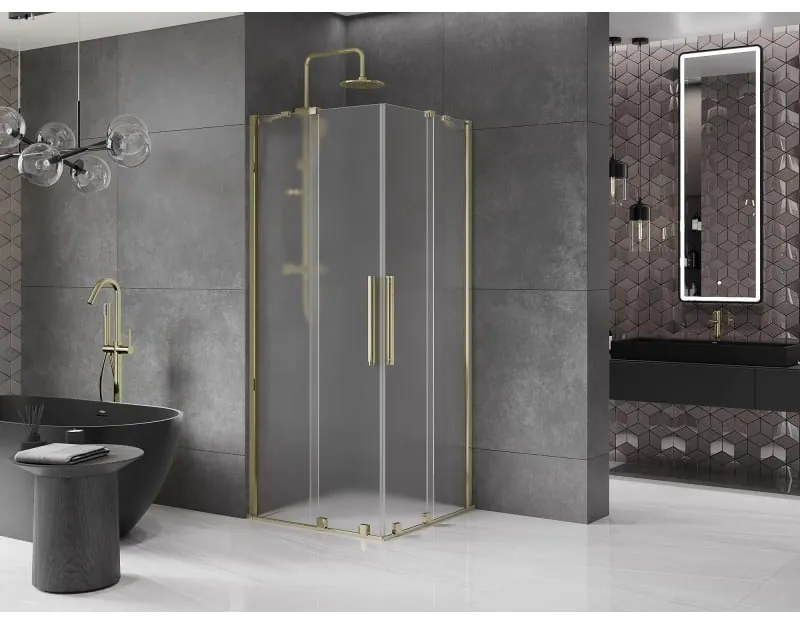 Mexen Velar Duo, sprchový kút s posuvnými dverami 90 x 90 cm, 8mm sklo námraza, zlatá lesklá, 871-090-090-32-50