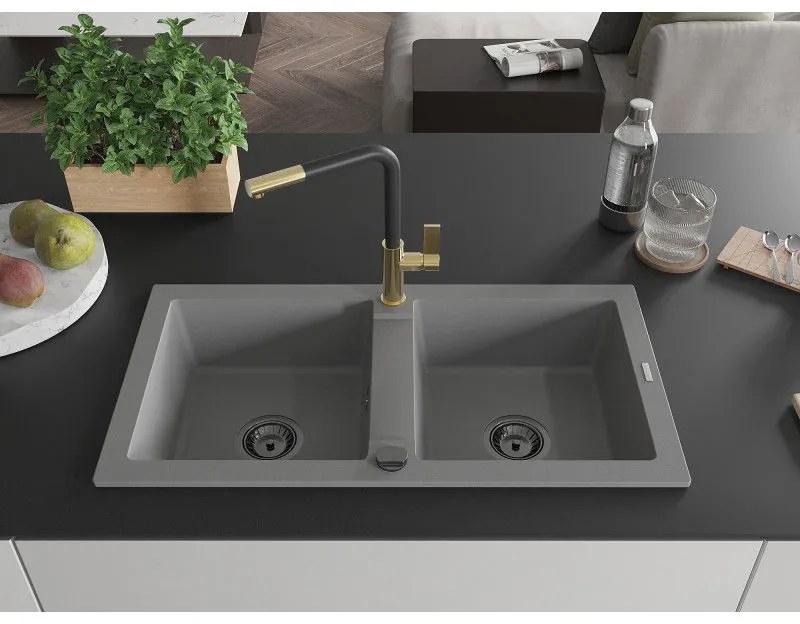 Mexen Mario, 2-komorový granitový drez 820x436x161 mm a drezová batéria Flora, šedá, 6504-71-670401-57-B
