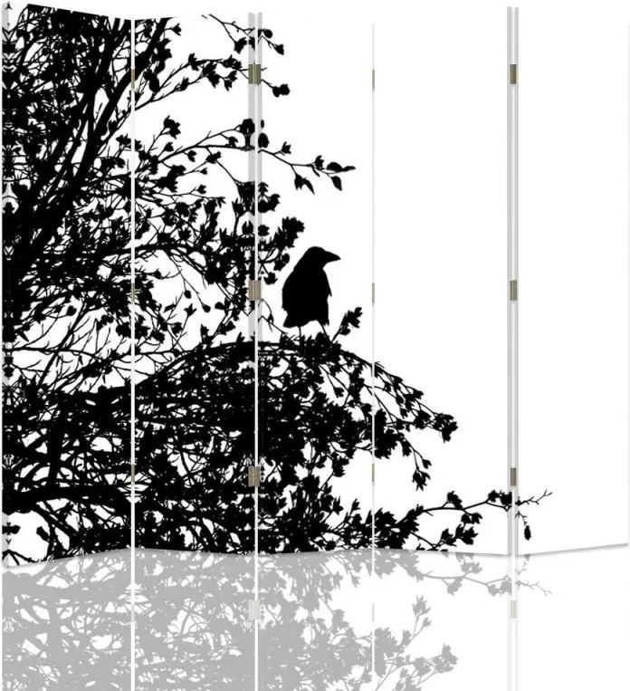 CARO Paraván - Black And White Bird | päťdielny | jednostranný 180x150 cm