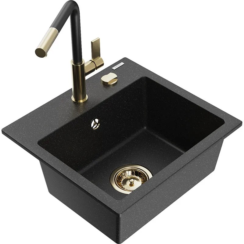 Mexen Milo, 1-komorový granitový drez 435x410x171 mm a drezová batéria Flora, čierna-strieborná metalíza, 6505-73-670401-57-G