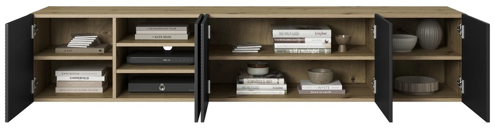 Závesná skrinka RTV Asha 200 cm s ryhovaným čelom - artisan / čierny mat